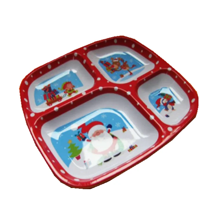 A5 Plastic Melamine Snack Divided Kids Plates Plastic Dishes with Cup Holder Melamine 4 Section Kids Plates