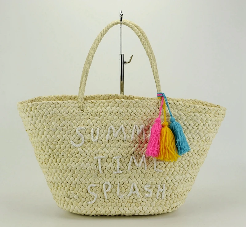 Europe Basket Market Recycled Straw Bag Natural Raffia Luxury Fringe Bag Straw Corn Basket Custom Logo