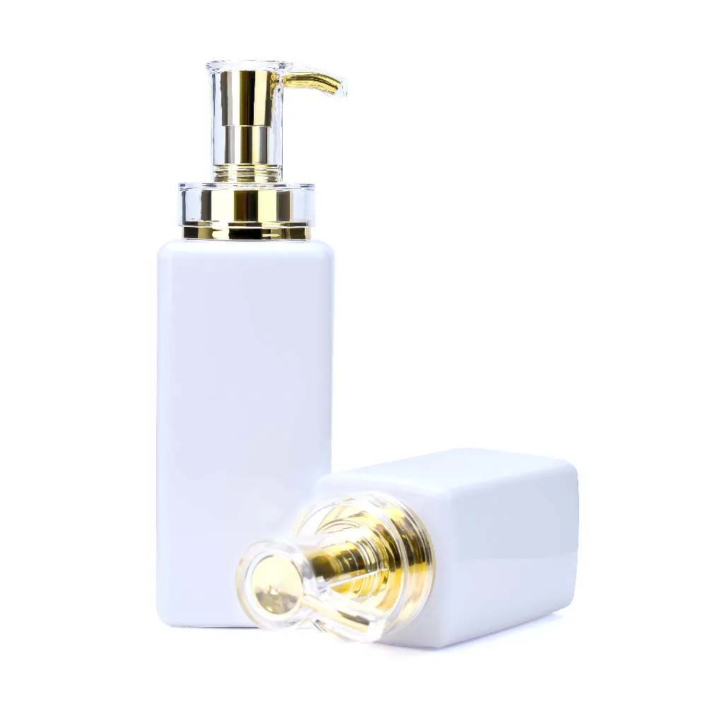 Custom Deluxe Empty Shampoo Conditioner Package 300ml 400ml 500ml square Pet plastic pump refillable shampoo bottle