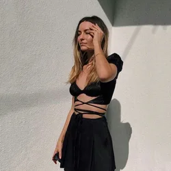 Wholesale custom 2021 summer new tube top top sexy halter street photography net red T-shirt lace-up pleated short-sleeved top