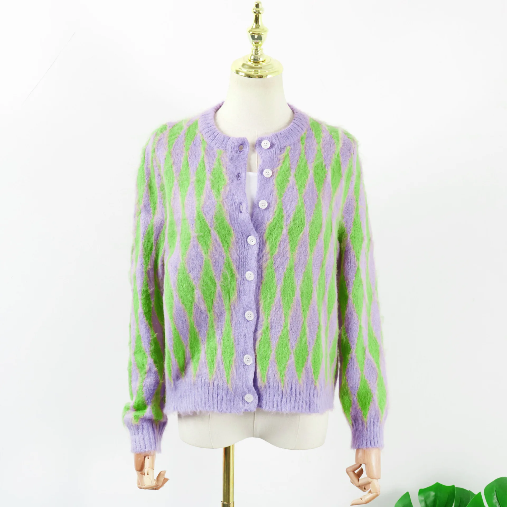 Kingsun knitting wear jacquard fuzzy green open sweater designers sweaters mohair wool sweater cardigan for women