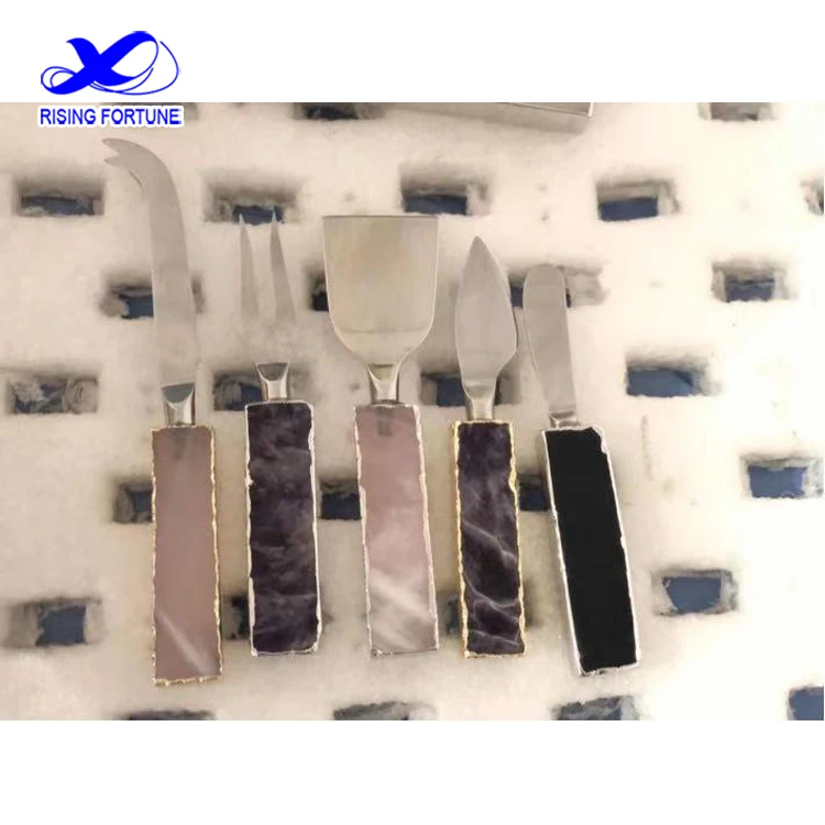 Set of 3 gold rose quartz cheese knives/spreaders