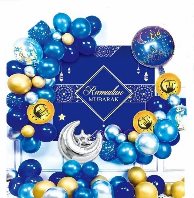 Ramadan/Eid Mubarak Party backdrop Moon stars flags poster Foil Balloons printed latex Balloons garland arch foil tasselss Decor