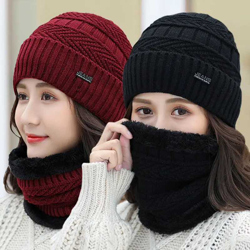 Korean style all-match fascinator thickened hats for ladies thermal hat warm knitted winter cap and scarf sets