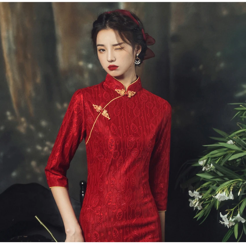 2025 new long bride qipao long sleeve luxury wedding red long dresses cheongsam women ladies party evening elegant factory