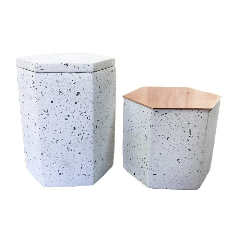 Large hexagon shape white terrazzo cement candle jar with metal lids