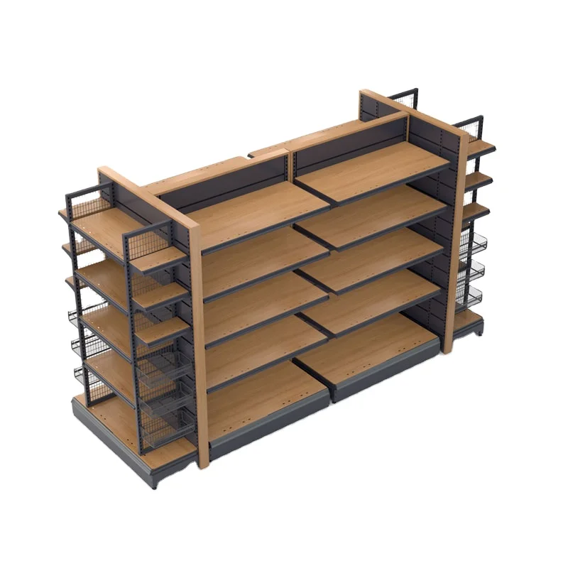 Good Quality Steel Wood Combined Material Double Sided Display Store Racks For Supermarkets