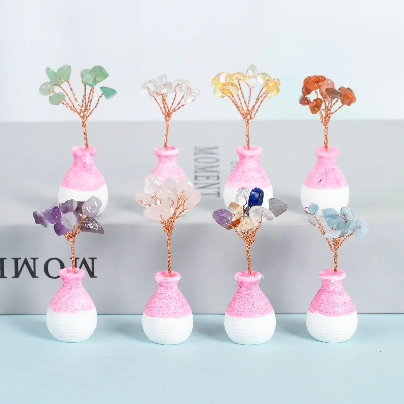 Natural Crystal Tree Amethyst Rose Quartz Aquamarine Lucky Tree Decoration Agate Slices Mineral Stone Home Decor Christmas Gift