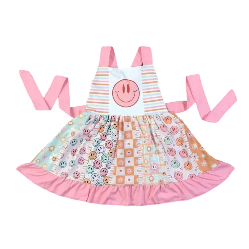 Hot selling boutique sleeveless dress Big skirt girl pink smiling face ruffled dress summer comfort clothing