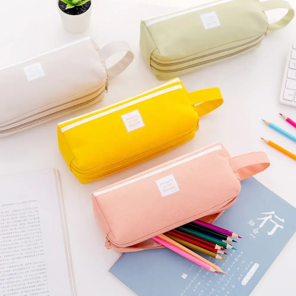 Portable Large Capacity Stationery Bag for Kids Custom Print Double Layers Zipper Canvas Pencil Case Bag Pouch with Handle