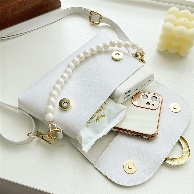 Wholesale small popular  white pearl  chain handbag strap ladies pu leather girl women handbag