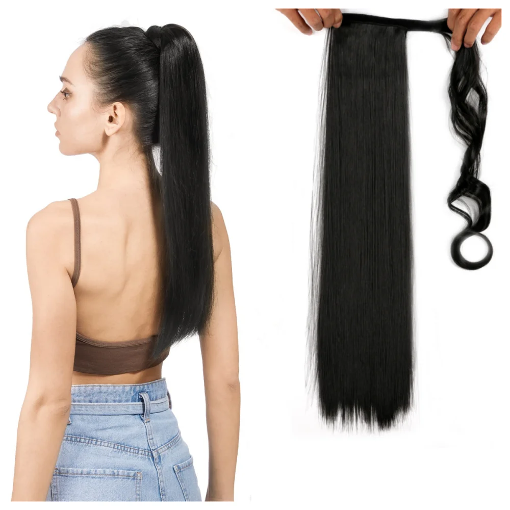 Synthetic Long Straight Ponytail Black Clip-in Ponytail Hair Extensions Heat Resistant Horse Tail for Black Woman