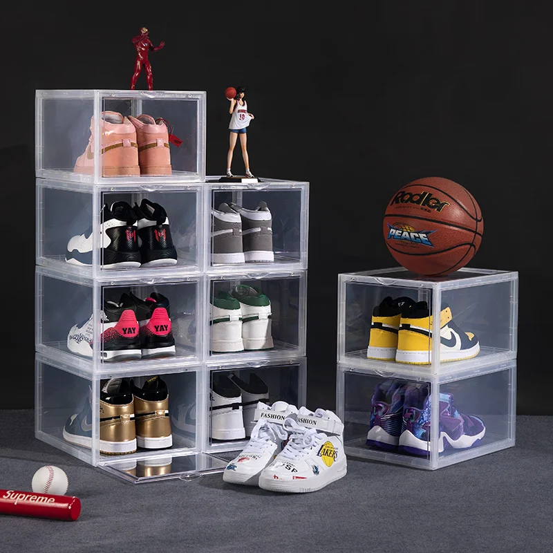 Custom shoe box suppliers sneak clear plastic children boot storage box stackable shoe box organizer with custom logo