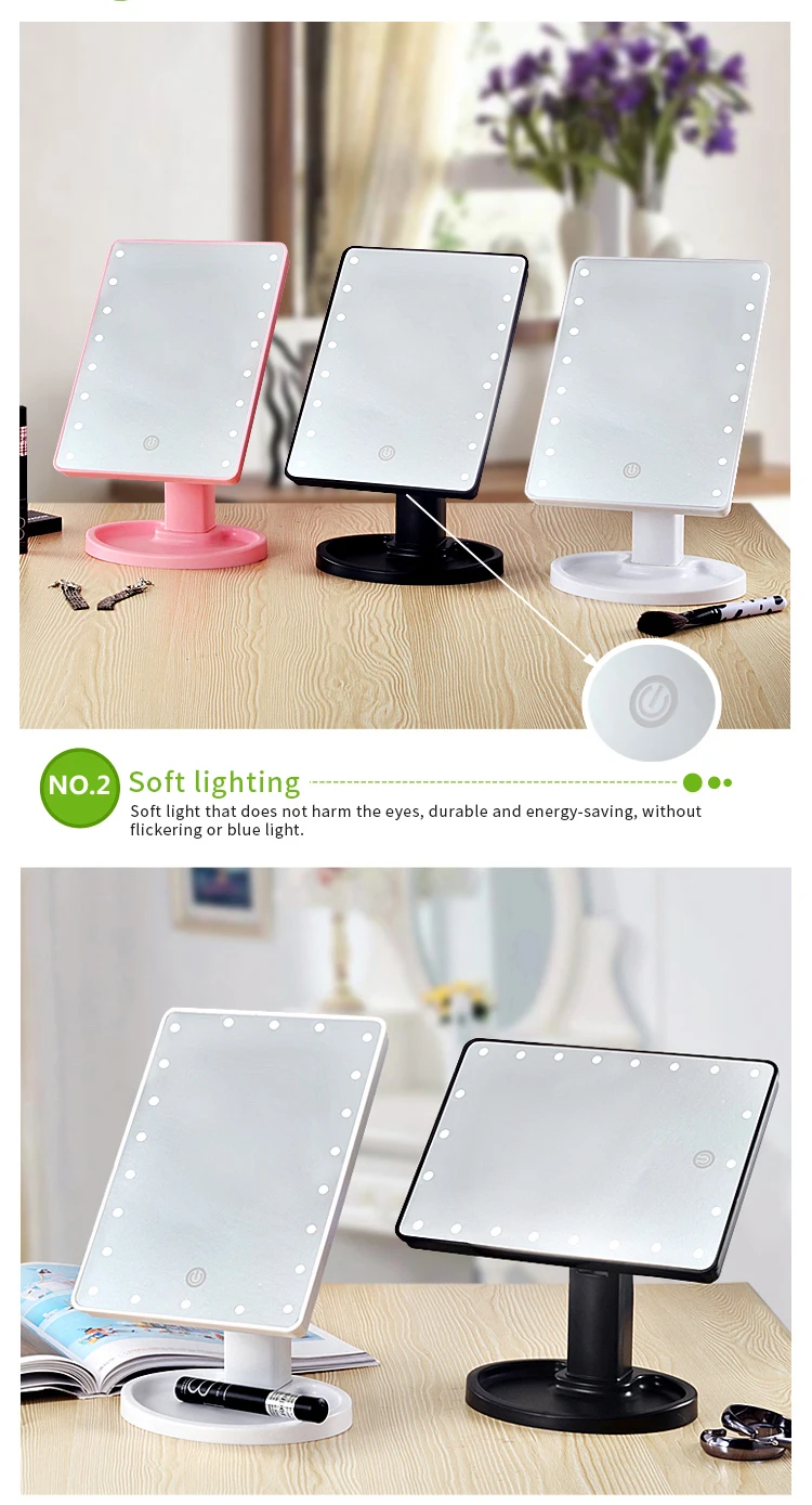 Wholesale Diy Logo Square Shape Ladies Mirror Fashion Women Batteries 16 Led Touch Screen Table Makeup Mirror