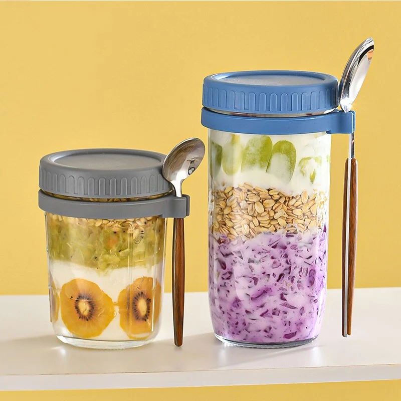 Recyclable  Overnight Oats Jars With Lid And Spoon 350ml Oatmeal Container With Measurement Marks With Lid For Cereal Milk
