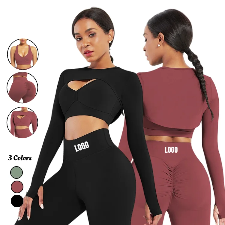 
Gym Yoga Wear Set Wholesale Fitness Clothing 3 Piece Workout Set New Design Long Sleeve Crop Hoodie Tracksuit Woman Workout Sets 