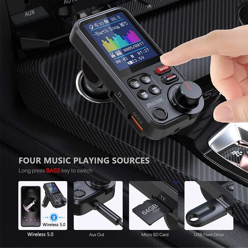Large Color Screen Handsfree Car Kit QC3.0 Fast Charging Bass  Music Aux Audio Receiver 3.5Mm FM Transmitter Bass Car Mp3 Player