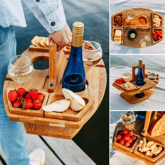 Outdoor Wine Picnic Wooden Table Folding Portable Bamboo Wine Glasses Snack And Cheese Holder Tray For Concerts At Park Beach