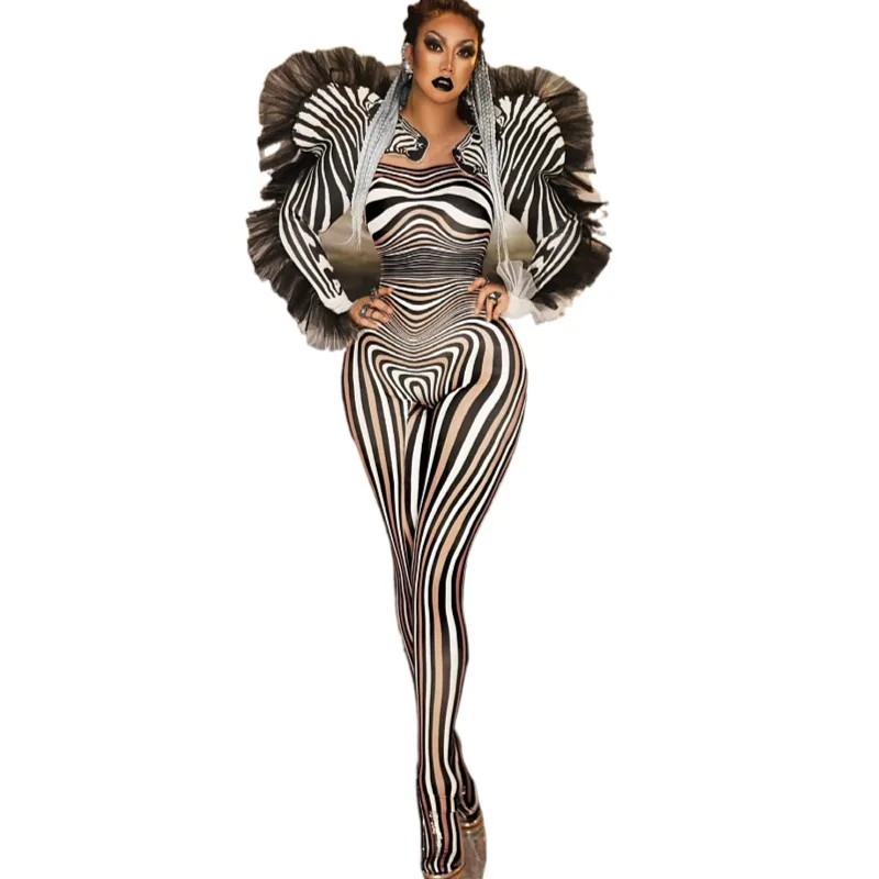 Unique Zebra Stripes Cosplay Costumes Animal Role Playing Stage Costumes Women Sexy Club Jumpsuit Dance Wear Performance Outfits