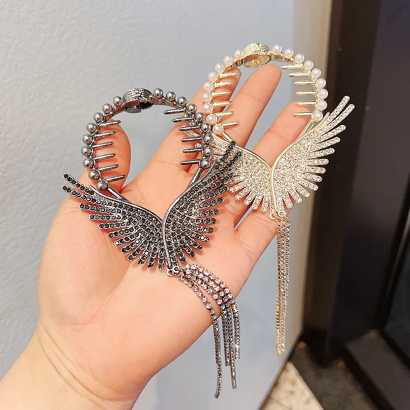 Women Pearl Hair Clip Long Tassel Full Rhinestone Hairpin Beautiful Wings Spring Hair Clip For Women Elegant Hair Jewelry