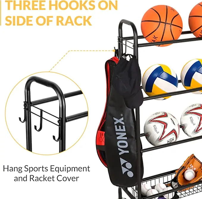 Sports Equipment Storage with Wheels, Four-Layer Organizer Holder with Two Basket for Basketballs Footballs Volleyball