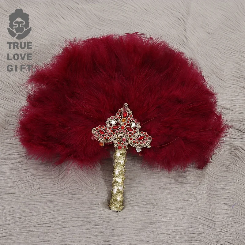 Western-style Wedding African Bride Bridesmaid Handmade Heavy Decoration Wine Red Large Round Fan Feather
