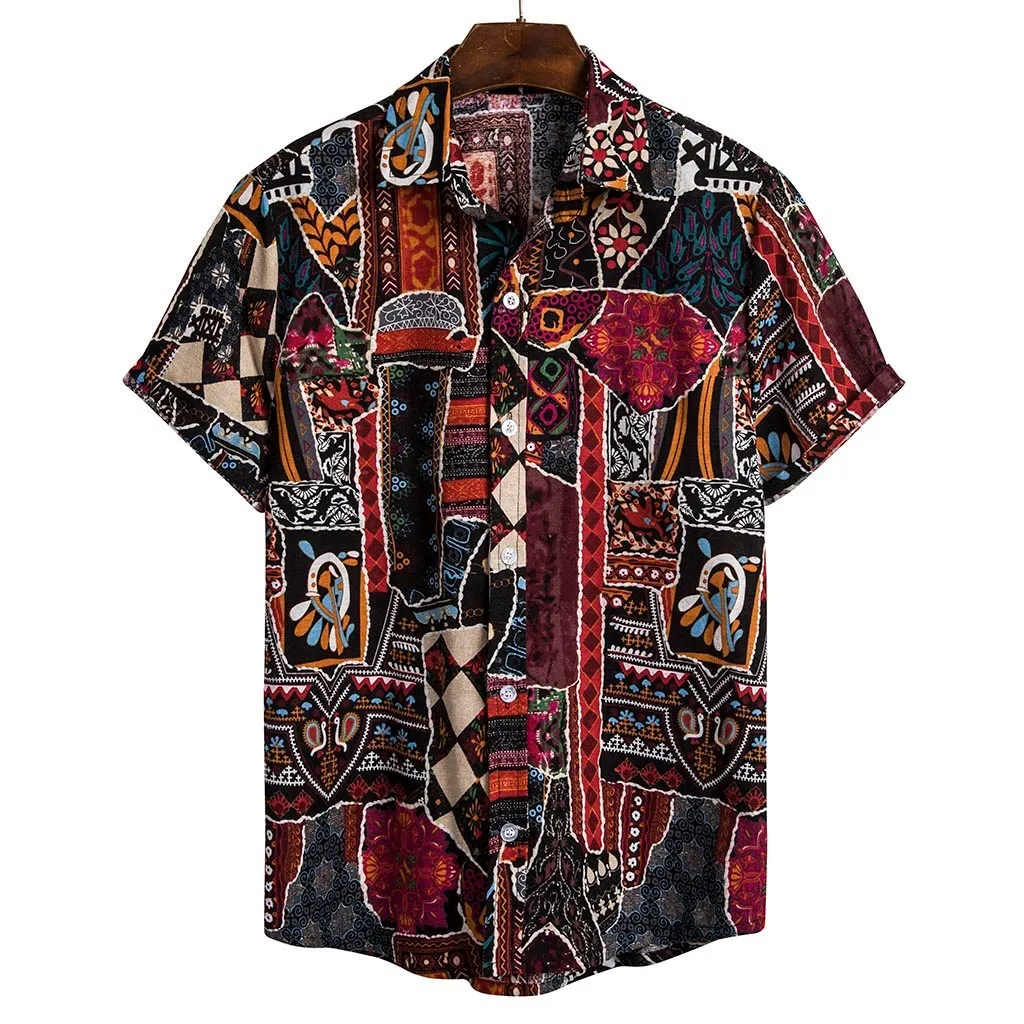 Summer Men Ethnic Short Sleeve Casual Cotton Linen Printing Hawaiian Blouse Streetwear Camisas Shirts