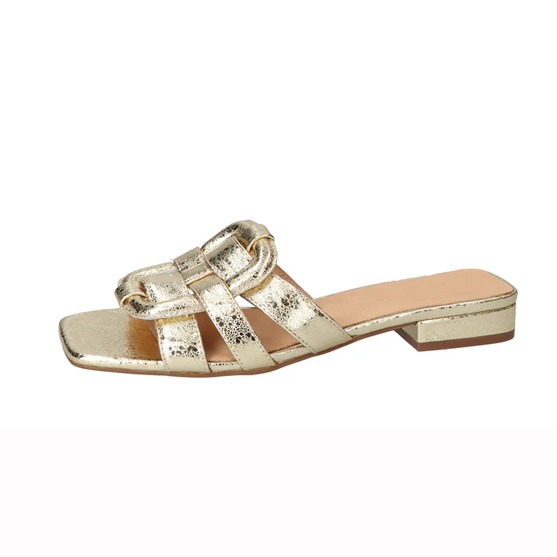 OEM ODM Women Slippers Metallic Ladies Sandals Block heel Outdoor Beach Soft Comfort Slide Sandals for Women and Ladies