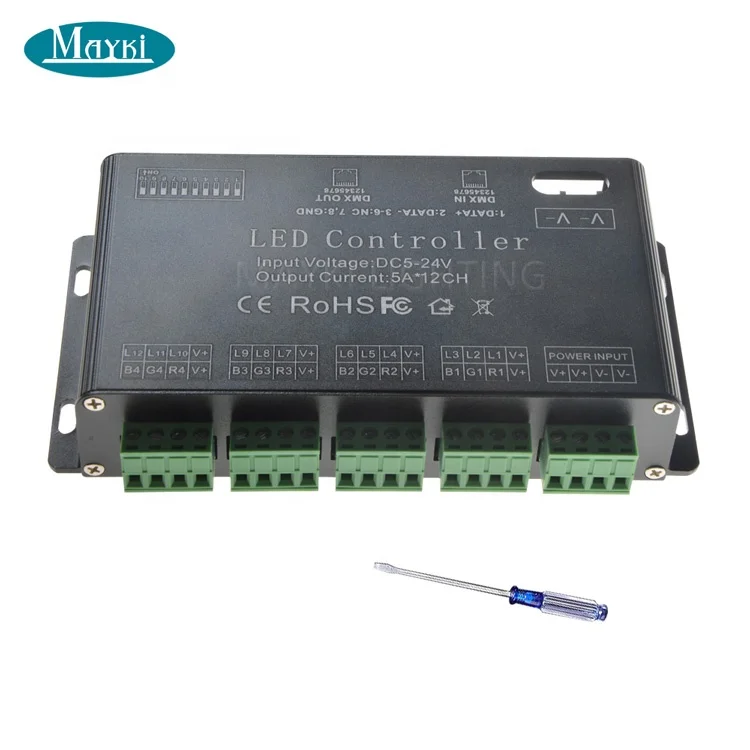 12 Channels 5A/CH DMX Dimmer Pack Constant Voltage DC12-24V DMX512 Decoder for LED light strip tape light