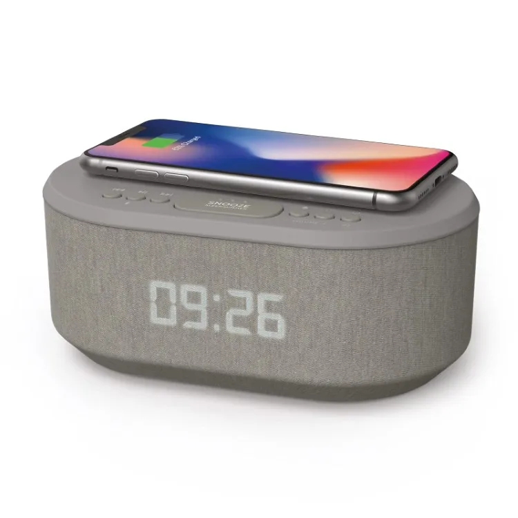 J1 Bluetooth Speaker Wireless Charging Dual Alarm Dimmable LED Display Bedside Radio Alarm Clock with USB Charger