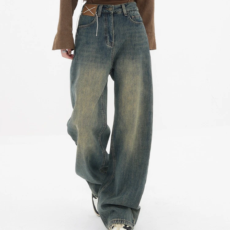 2024 wholesale baggy straight leg selvedge denim vintage jeans womens high wide leg latest design jeans pants