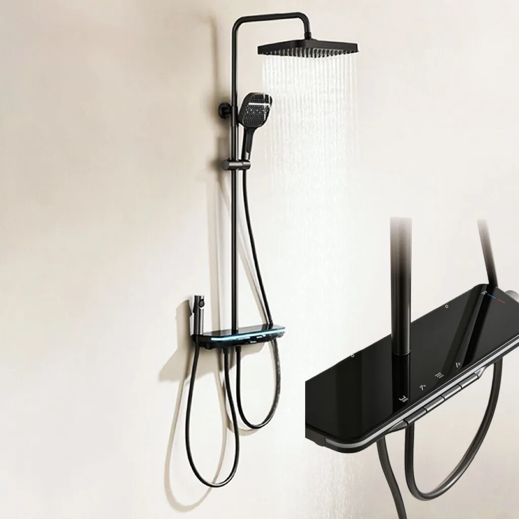 Gun gray atmosphere lamp shower head set bathroom with four levels of pressurized digital display piano button shower set