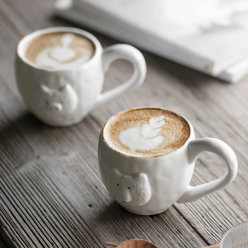 Cute bear coffee mug handmade relief animal mug porcelain pig mug cup