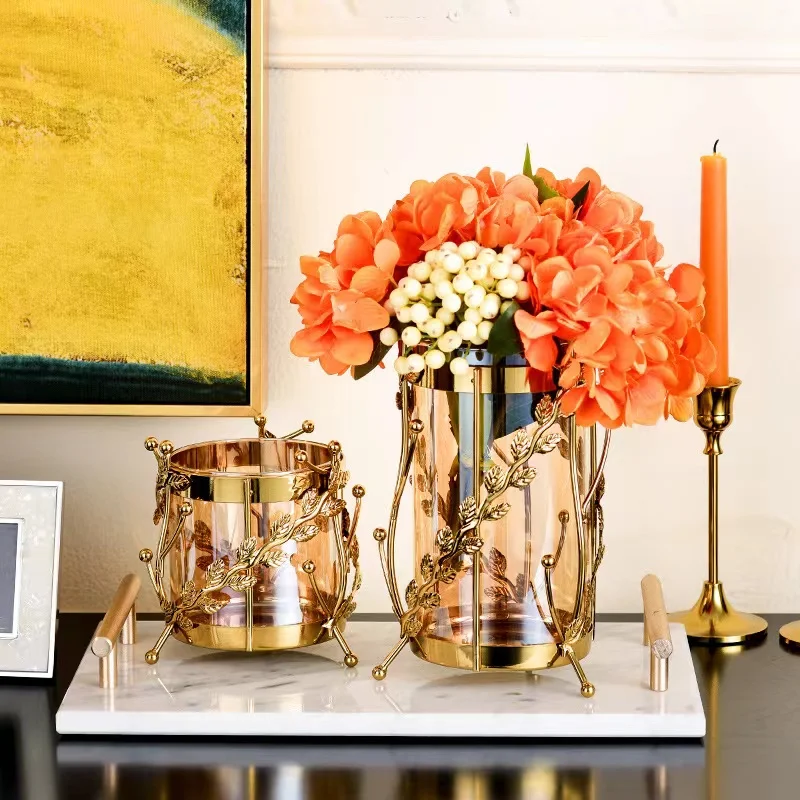Gold luxury household decoration home accessories tabletop artifacts ornaments wedding decorative metal flower vase storage box