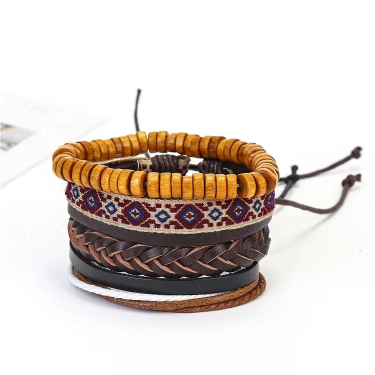 Restore ancient ways many pieces of handmade wooden bead wax rope cowhide bracelet man mature charm brLeather Bracelet With D
