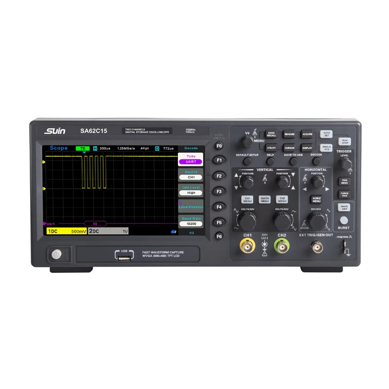 2 analog channels Suin SA62C15 electronic digital storage oscilloscope with  7 inches color lcd display