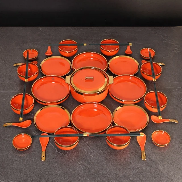 European Style Porcelain Plates With Gold Rim Creative Orange Ceramic Bowl Modern Glaze Dinner Tableware