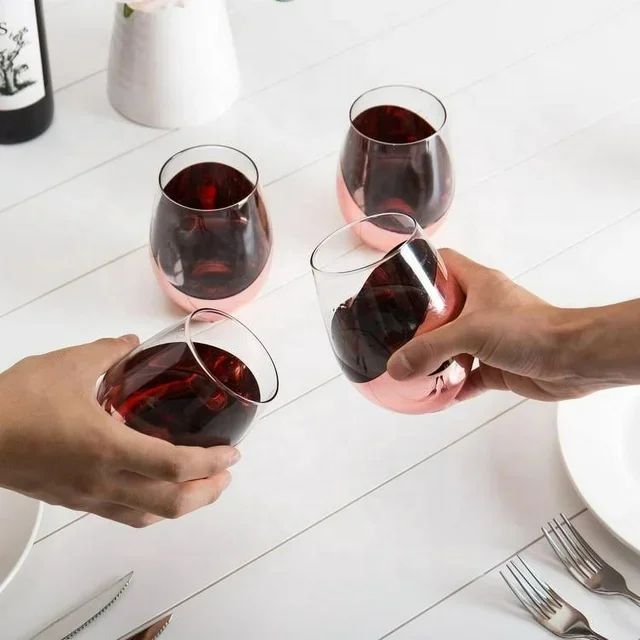 Modern Stemless Wine Glass Set of 6, Copper Metallic Bottom Angled Design Red Wine Glasses