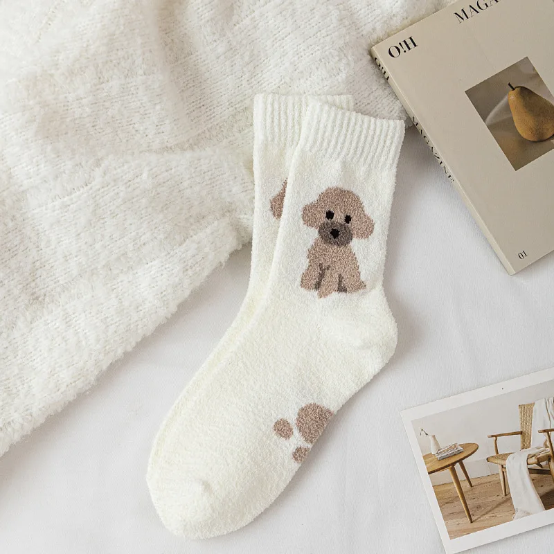 hot sale cute cartoon dogs floor sleeping ladies warn winter extra thick indoor fuzzy winter socks