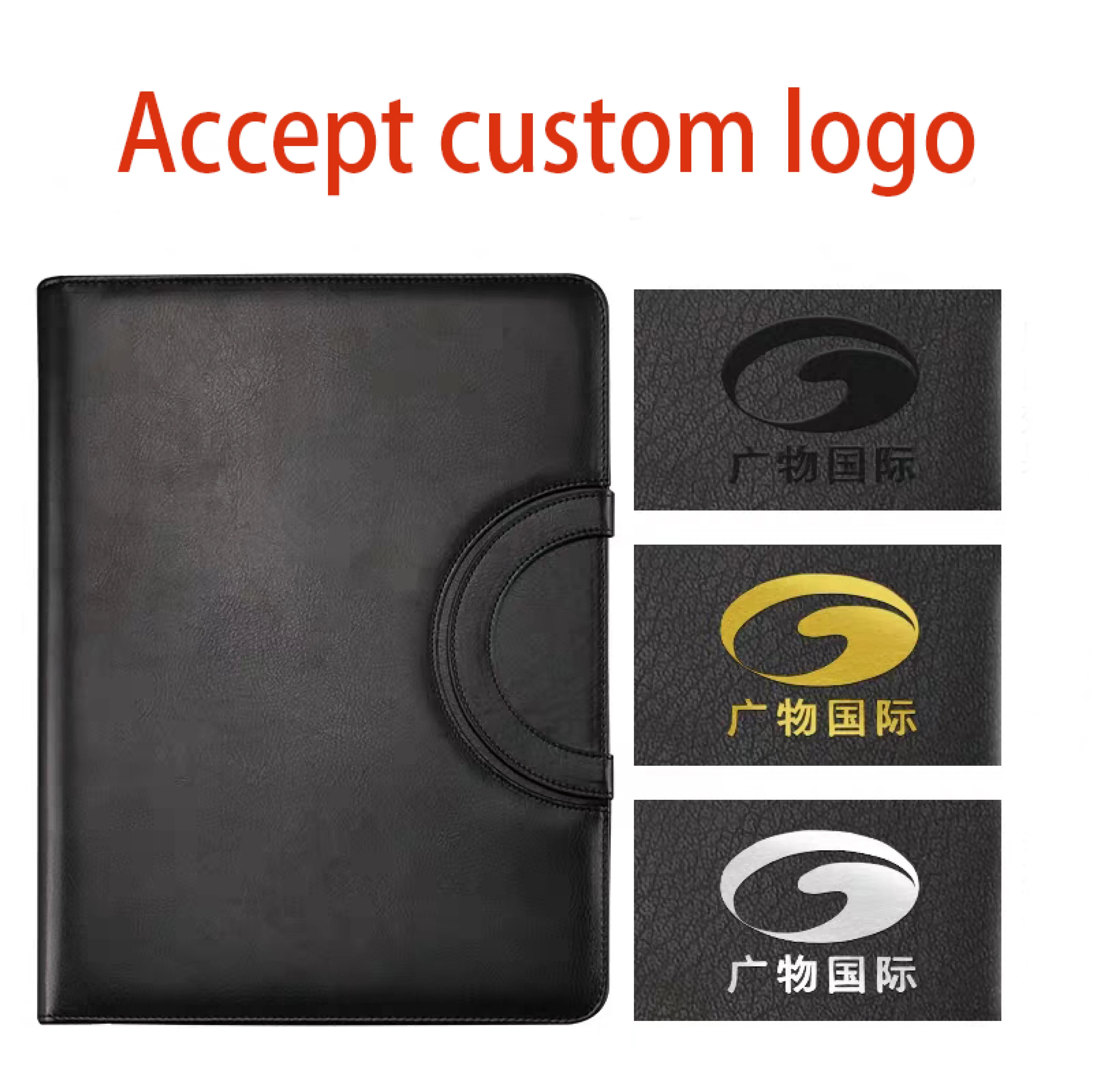 Custom logo briefcase A4 pu leather notebook portfolio business office calculator stationery zipper file folder