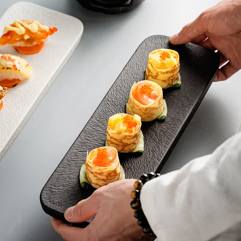 long rectangular shape sliced meat plate gold logo decal luxury blue color hotel porcelain ceramic dish for sushi sashimi