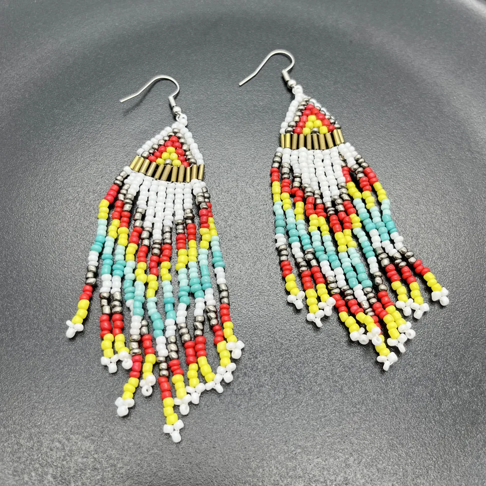 fashion dangling earrings for girls boho long fringe seed beaded tassel earrings