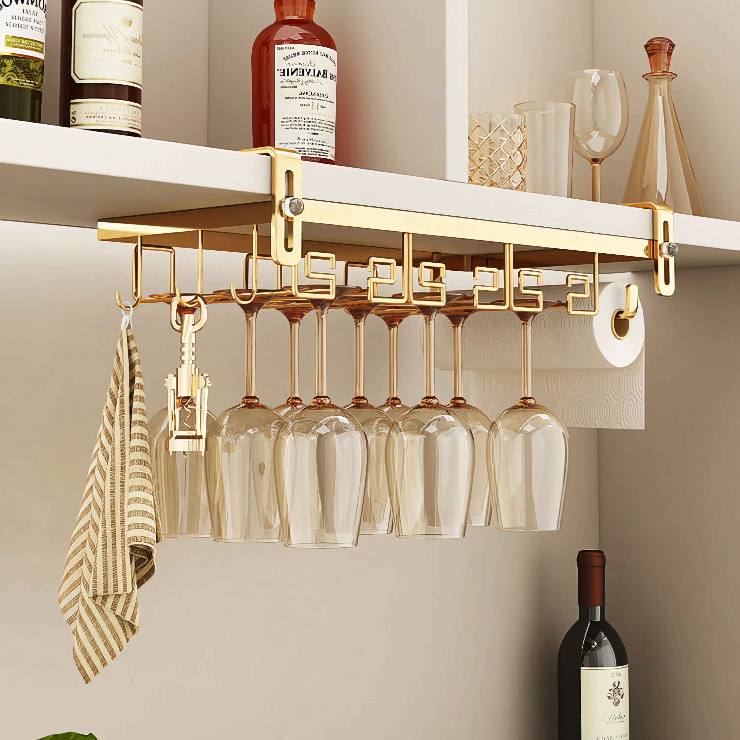 Nail Free Metal Under Cabinet Shelf Adjustable Stemware Wine Glass Holder Storage Hanger Rack
