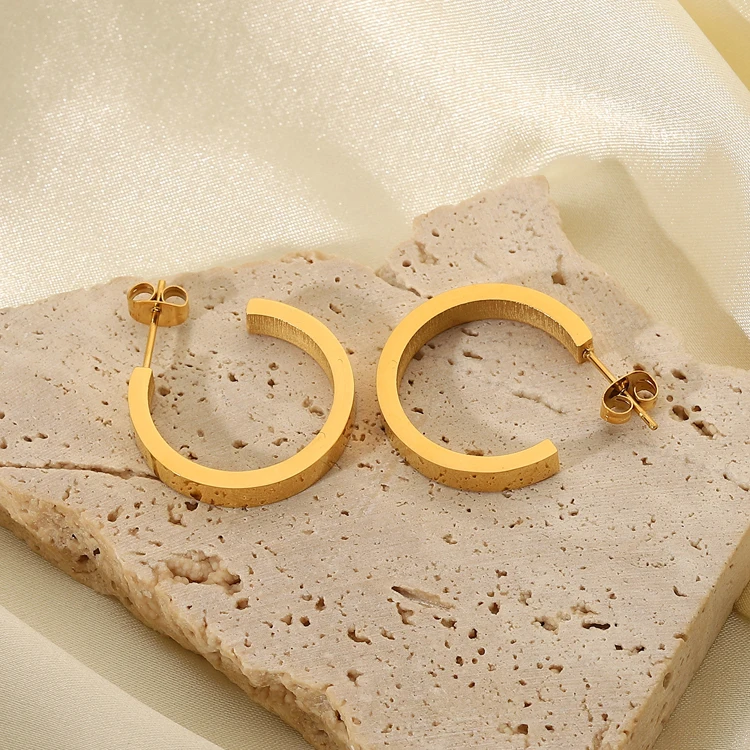 18k gold stainless steel Fashion chunky magazine opening hoops square tube plain 14k C shape earrings for woman