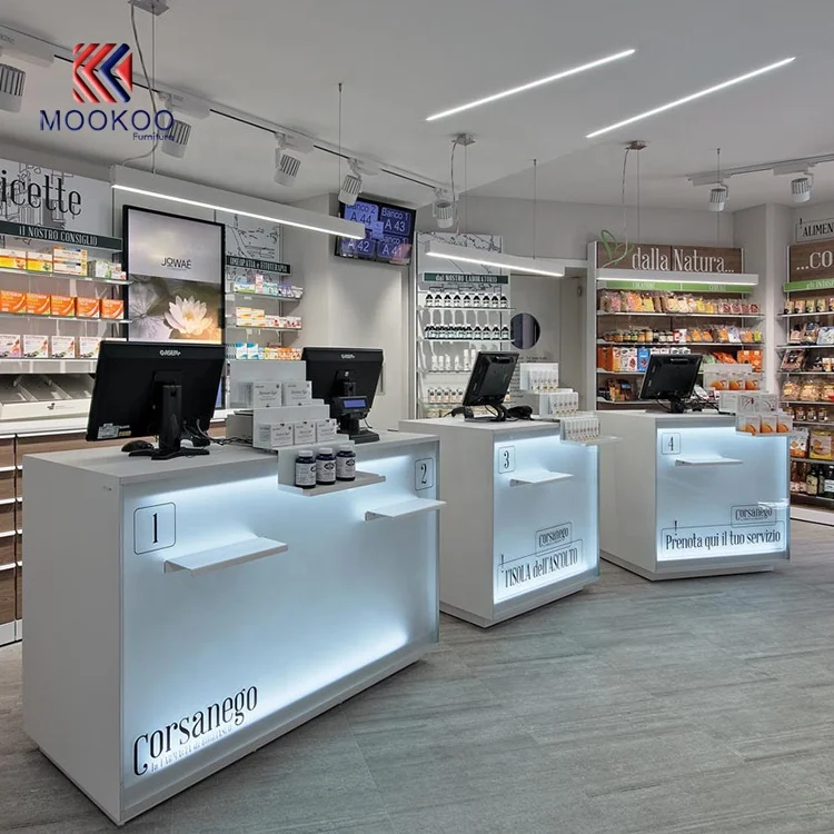 Modern Style Wooden Pharmacy Shop Showcase Drug Store Display Shelves with Cashier Counter