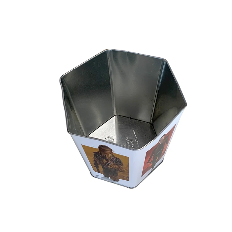 Good Quality Food Safe Custom Printed Hexagon-Shaped Metal Tin Pail for Packaging Snacks Popcorn Tins