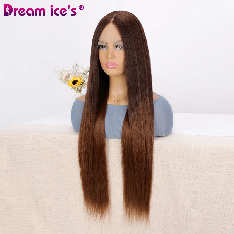 Wholesale long dark brown straight lace front synthetic wigs middle part glueless T part lace for women heat resistant hair wigs