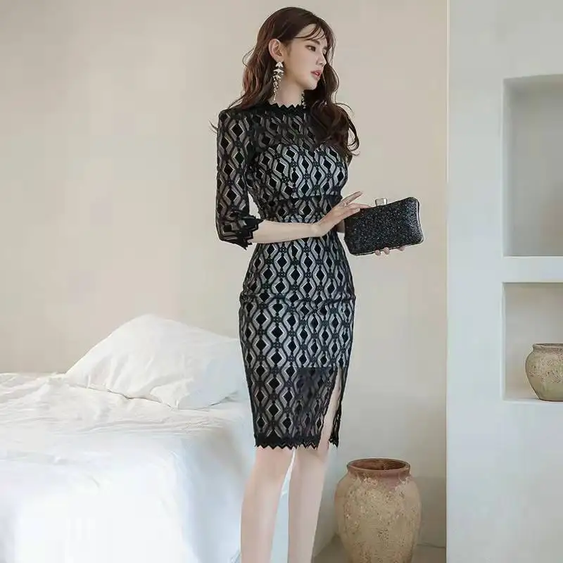 2022 spring and summer new slim sexy black lace split professional dress