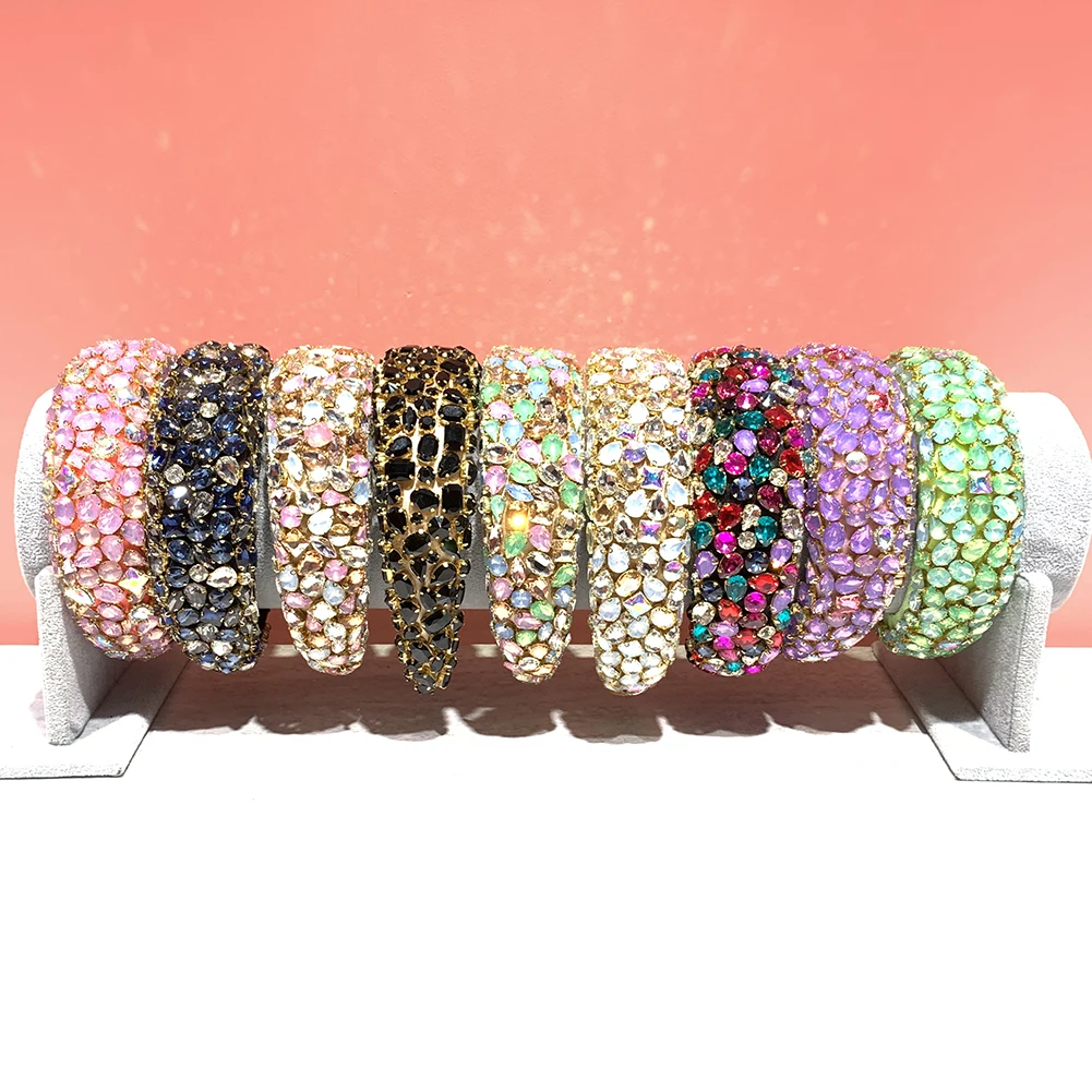 Dvacaman Designed 12 Colors Banquet Glitter Luxury Full Crystal Rhinestone Bling Sponge Wide Headband for Women