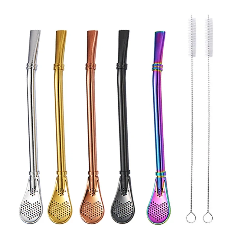 2in1 Stainless Steel Drinking Straw Spoon Tea Filter Yerba Mate Tea Straws Bombilla Gourd Reusable Tea Tools Bar Accessories